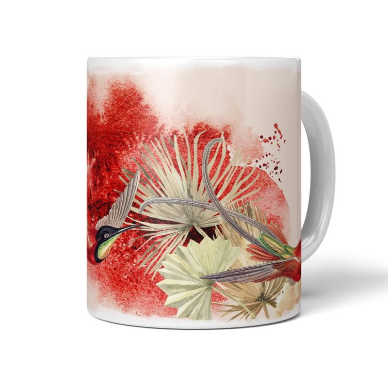 Dekorative Tasse mit schönem Vogel Motiv Bienenelfe Blumen Kunstvoll Paradies Rot