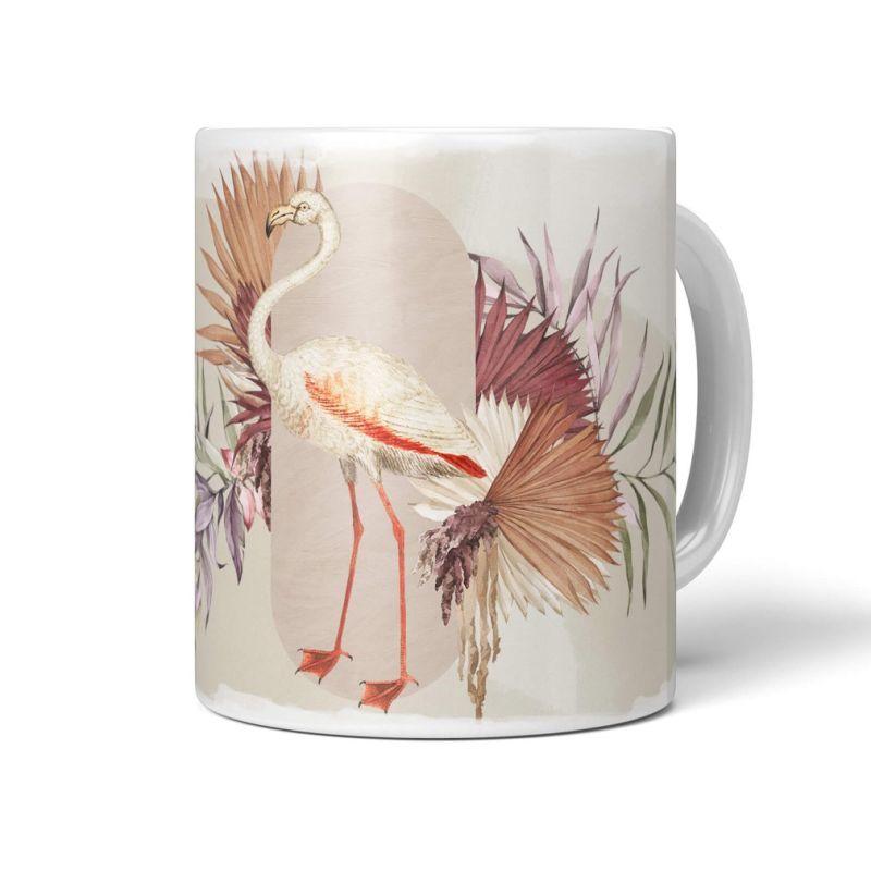 Dekorative Tasse mit schönem Vogel Motiv Flamingo Blumen Exotisch Paradies Pastelltöne