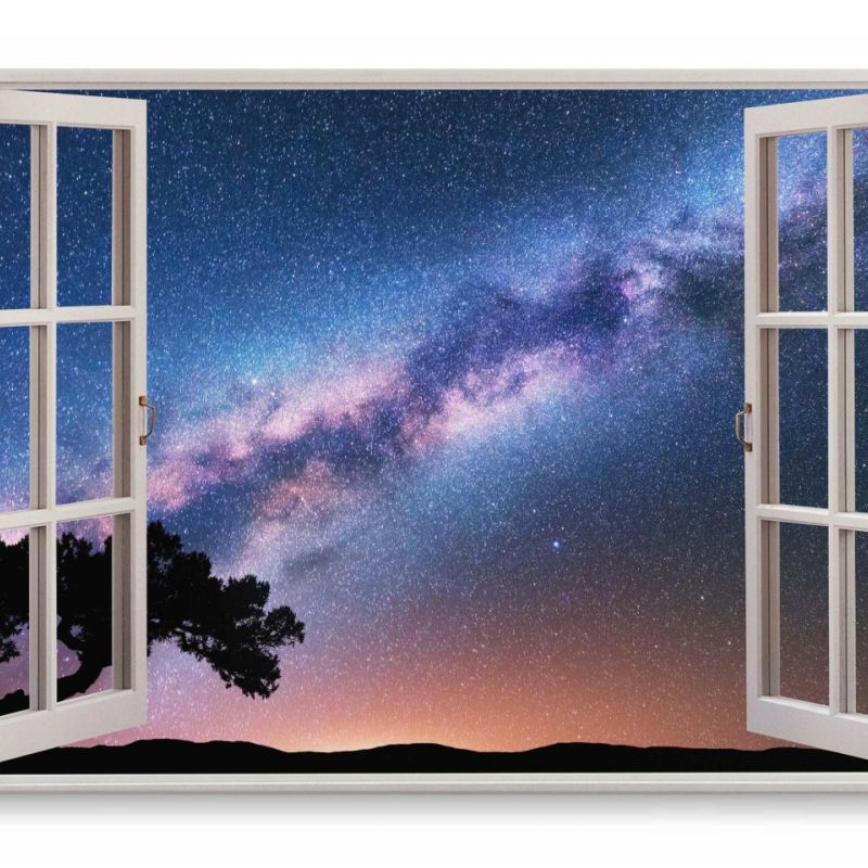 Wandbild 120x80cm Fensterbild Astrofotografie Sternenhimmel Nachthimmel Baum Sterne