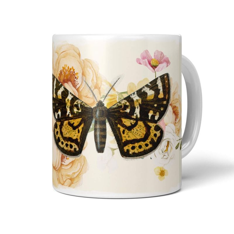 Dekorative Tasse mit schönem Motiv Schmetterling Blumen Blüten Frühling Vintage Kunstvoll