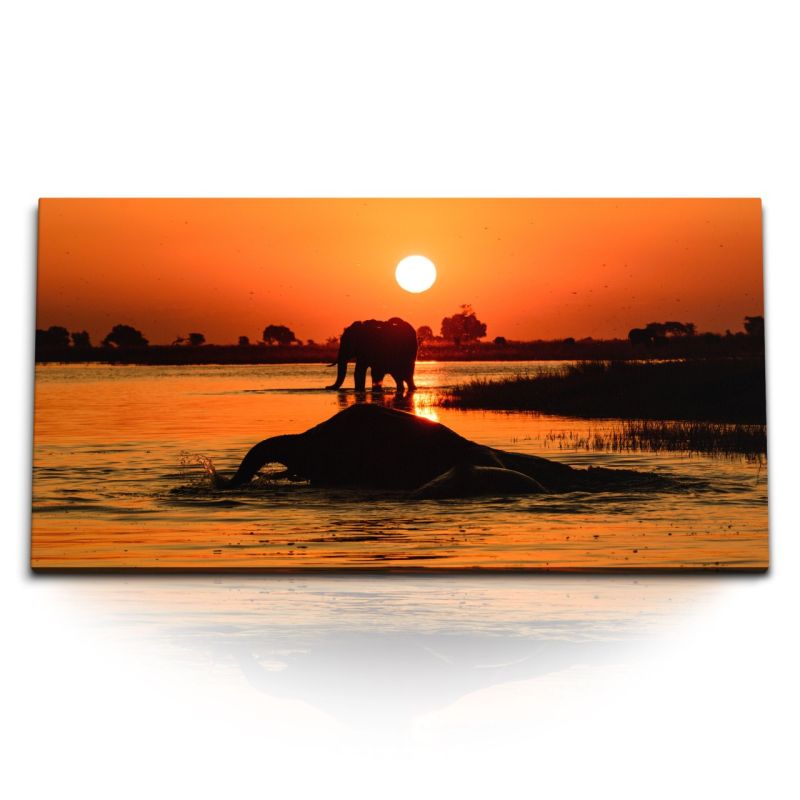 Kunstdruck Bilder 120x60cm Elefanten Thailand Fluss Sonnenuntergang Abendrot