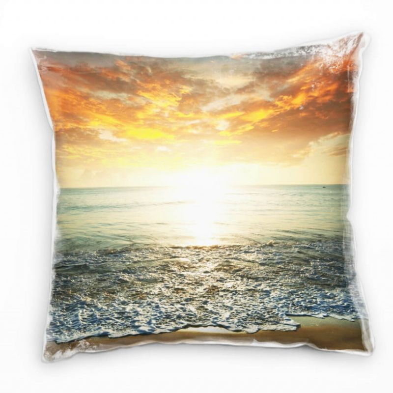 Strand und Meer, orange, blau, Sonnenuntergang Deko Kissen 40x40cm für Couch Sofa Lounge Zierkissen