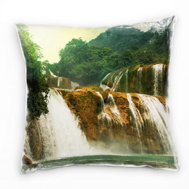 Natur, Berge, Wasserfall, Wald, orange, grün Deko Kissen 40x40cm für Couch Sofa Lounge Zierkissen