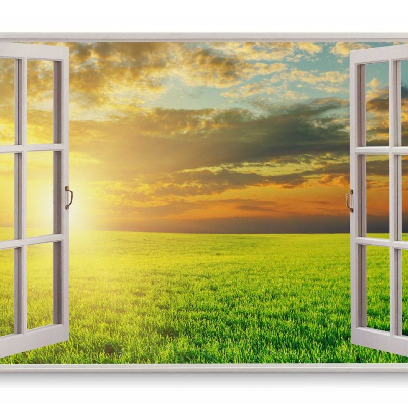 Wandbild 120x80cm Fensterbild Grünes Feld Sonnenuntergang Natur Landschaft