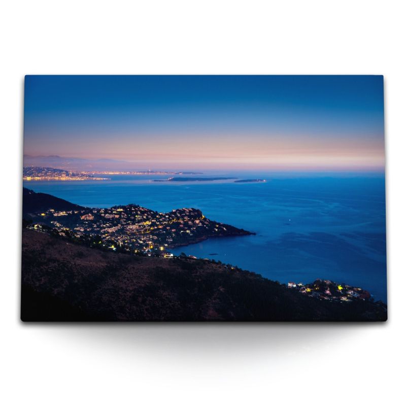 120x80cm Wandbild auf Leinwand Bucht von Cannes Frankreich Abenddämmerung Stadt