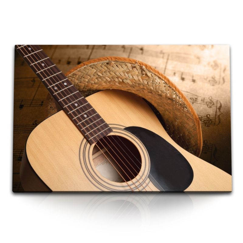 120x80cm Wandbild auf Leinwand Gitarre Sommerhut Strohhut Musik Musiknoten