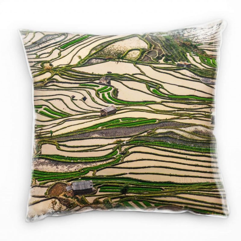 Landschaft, Reisfeld, braun, grün Deko Kissen 40x40cm für Couch Sofa Lounge Zierkissen