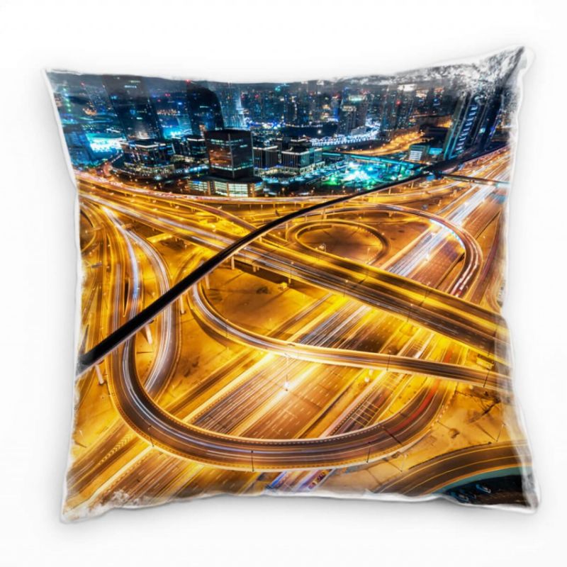 City, Straßen, Hochhäuser, Nacht, blau, orange Deko Kissen 40x40cm für Couch Sofa Lounge Zierkissen