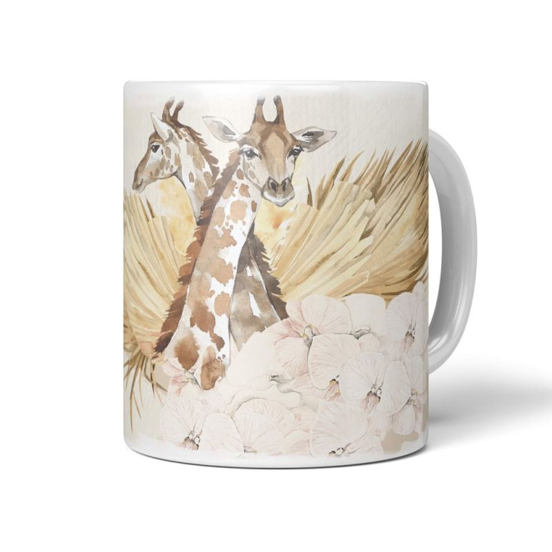 Tasse Porzellan Tier Motiv Giraffen Blumen Blüten Kunstvoll Wasserfarben