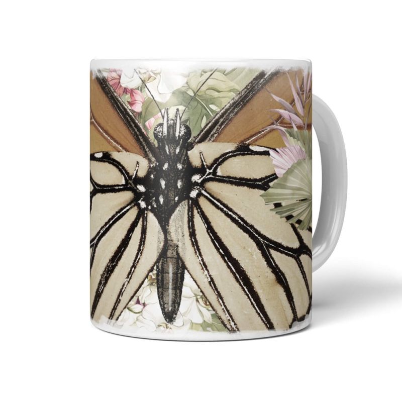 Dekorative Tasse mit schönem Motiv Vintage Schmetterling Blumen Blüten Pastelltöne