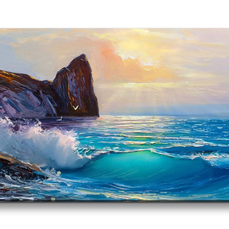 Leinwandbild 120x60cm Meer Klippen Malerisch Kunstvoll Wellen Sonnenuntergang