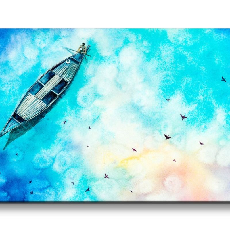 Leinwandbild 120x60cm Fischerboot von Oben Malerisch Kunstvoll Wolken Märchenhaft