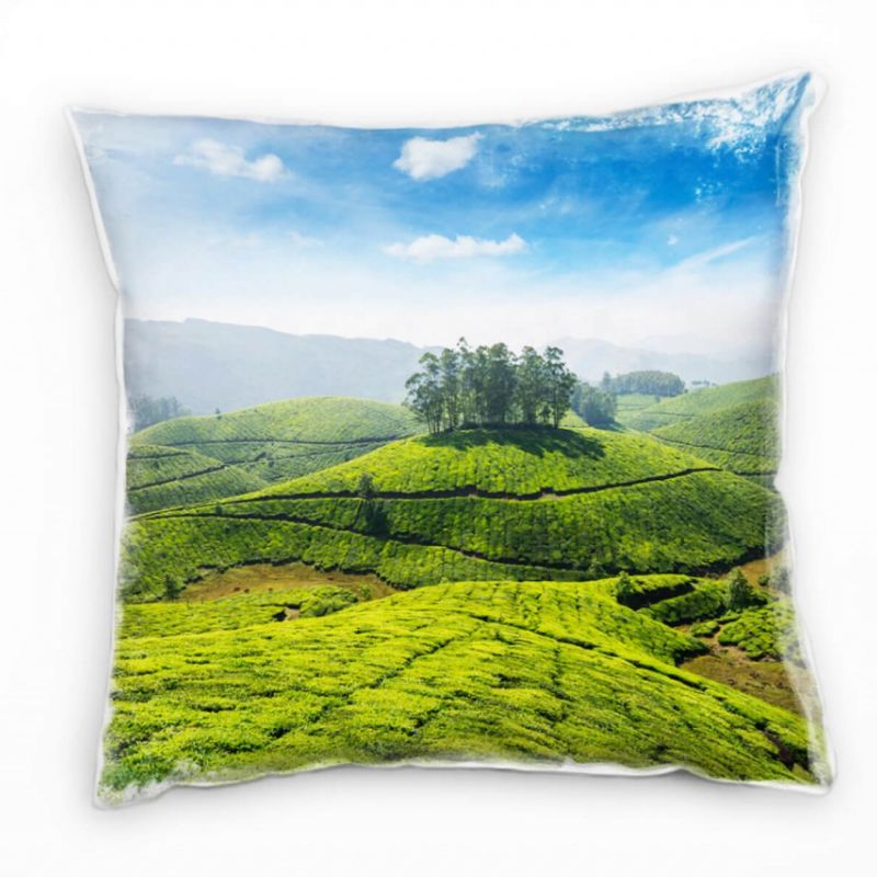 Landschaft, grün, blau, Hügel im Dunst, Indien Deko Kissen 40x40cm für Couch Sofa Lounge Zierkissen