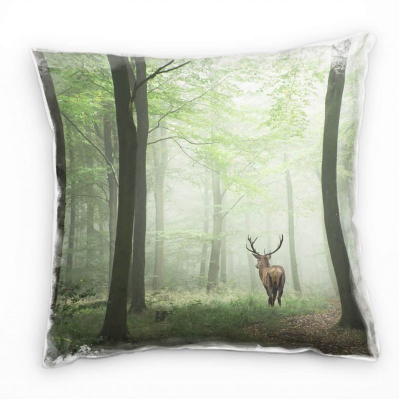 Tiere, Rothirsch, Wald, Dunst, Herbst, grün, braun Deko Kissen 40x40cm für Couch Sofa Lounge Zierkis