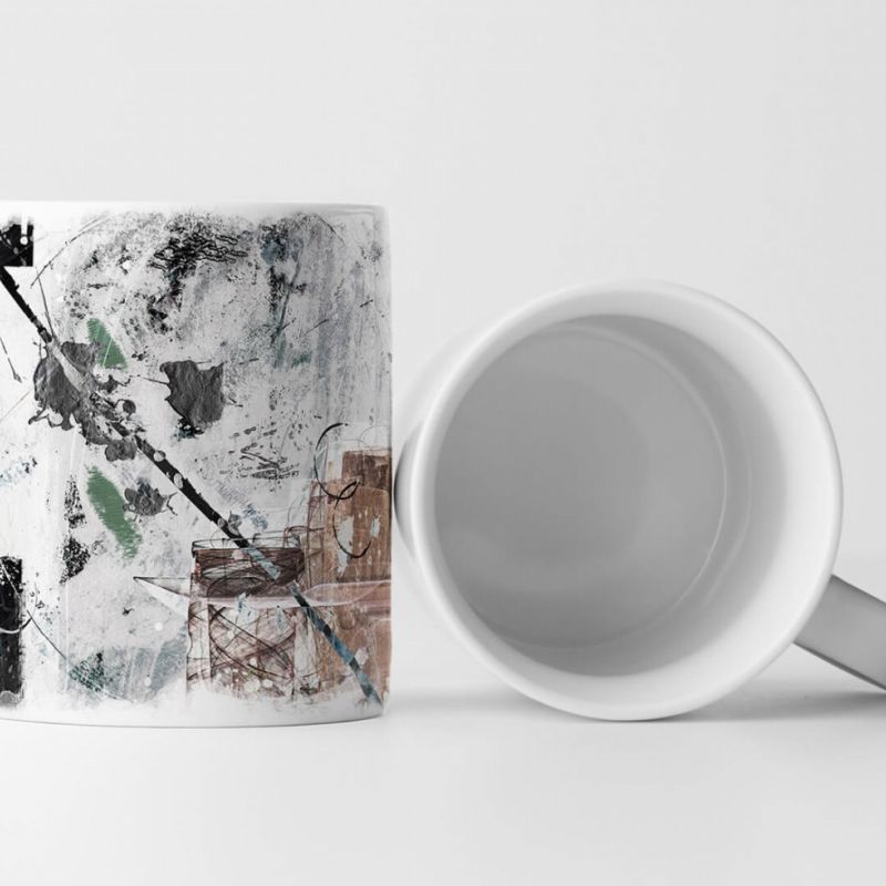 Tasse Geschenk hellgraue Grundierung; schwarz, braun, grün Elemente