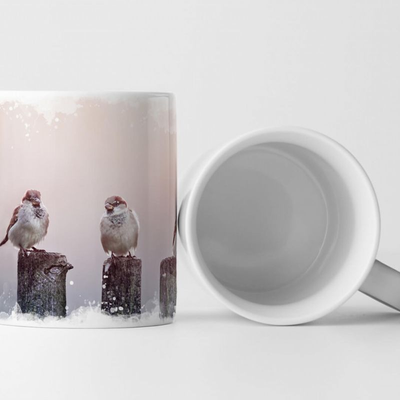 Tasse Geschenk Tierfotografie – Spatzen auf Holzzaun