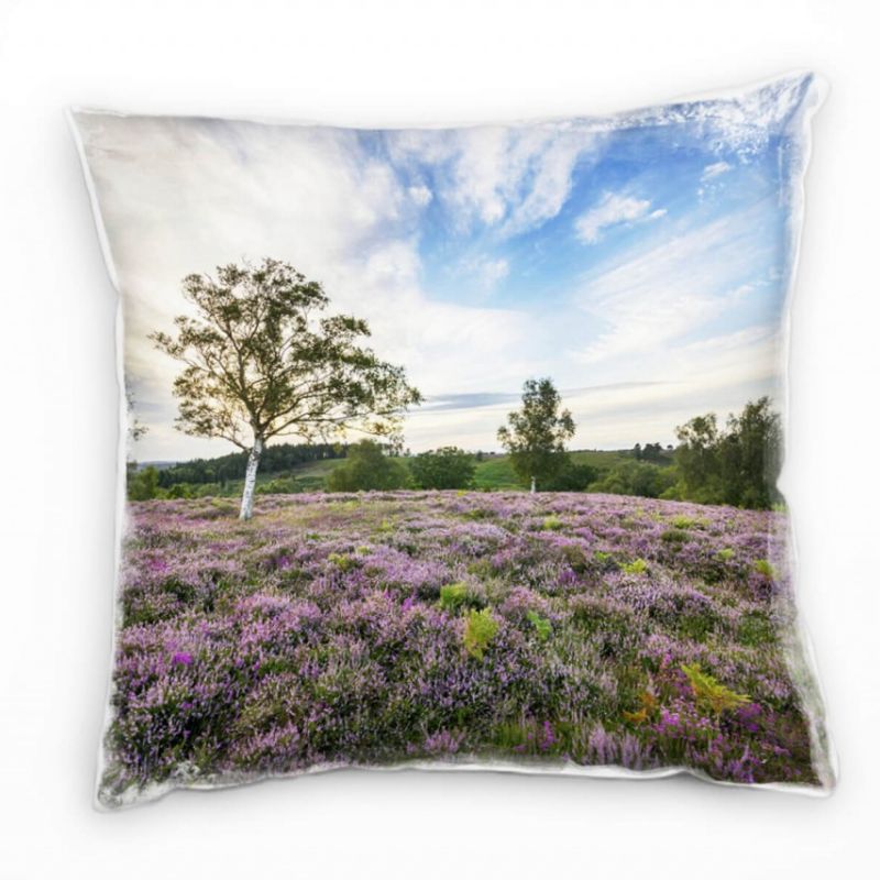 Landschaft, grün, blau, lila Blumen, blauer Himmel Deko Kissen 40x40cm für Couch Sofa Lounge Zierkis