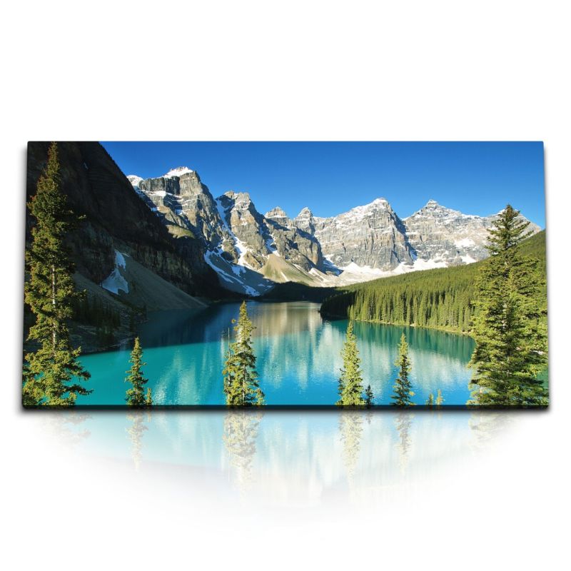 Kunstdruck Bilder 120x60cm Moraine Lake See in Kanada Berge Tannenwald Natur