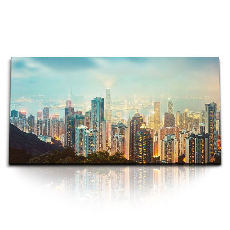 Kunstdruck Bilder 120x60cm Hongkong Skyline Nacht Stadt Hochhäuser Wolkenkratzer