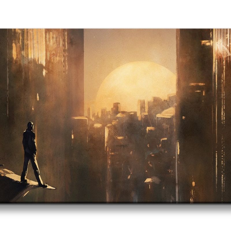 Leinwandbild 120x60cm Fantasie Großstadt Retro Future sci fi Hochhäuser Held