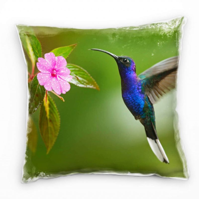 Tiere, Kolibri, Blüte, grün, blau, rosa Deko Kissen 40x40cm für Couch Sofa Lounge Zierkissen