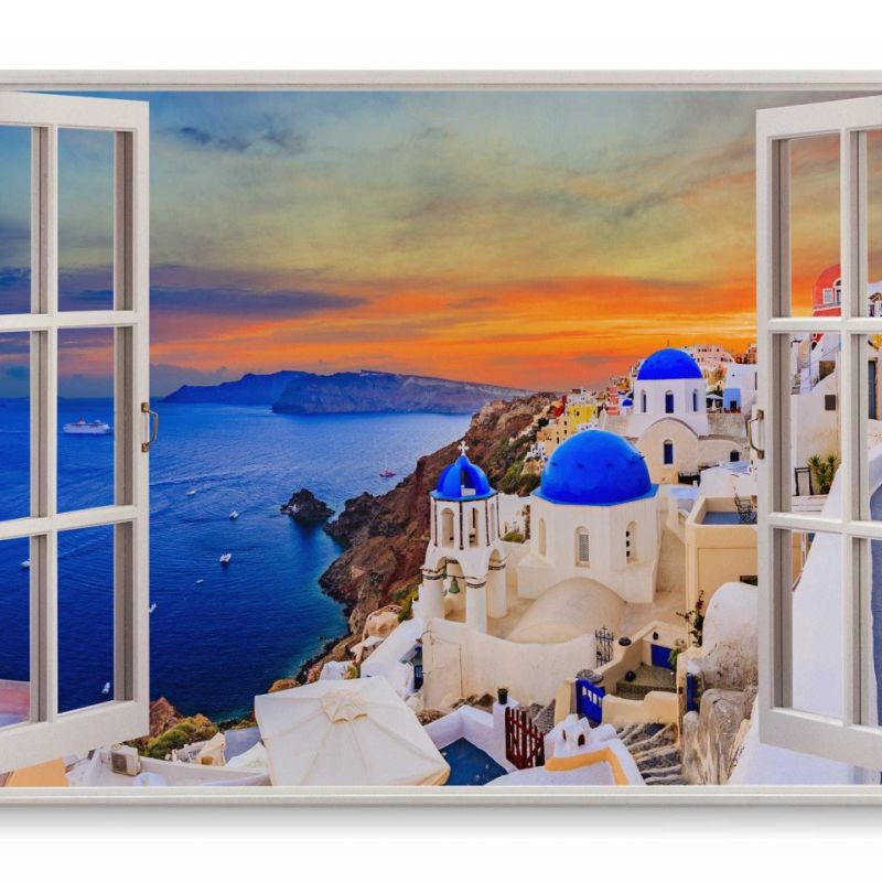 Wandbild 120x80cm Fensterbild Santorini Griechenland Insel Meer Abendrot Blau