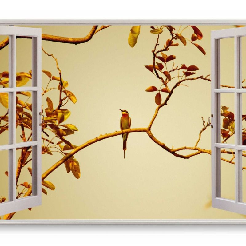 Wandbild 120x80cm Fensterbild Kleiner Vogel auf Ast Baum Frühling Natur