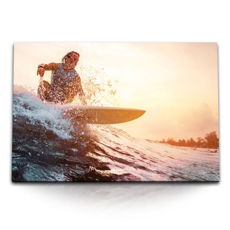 120x80cm Wandbild auf Leinwand Surfer Wellenreiter Ozean Sonnenuntergang Surfbrett