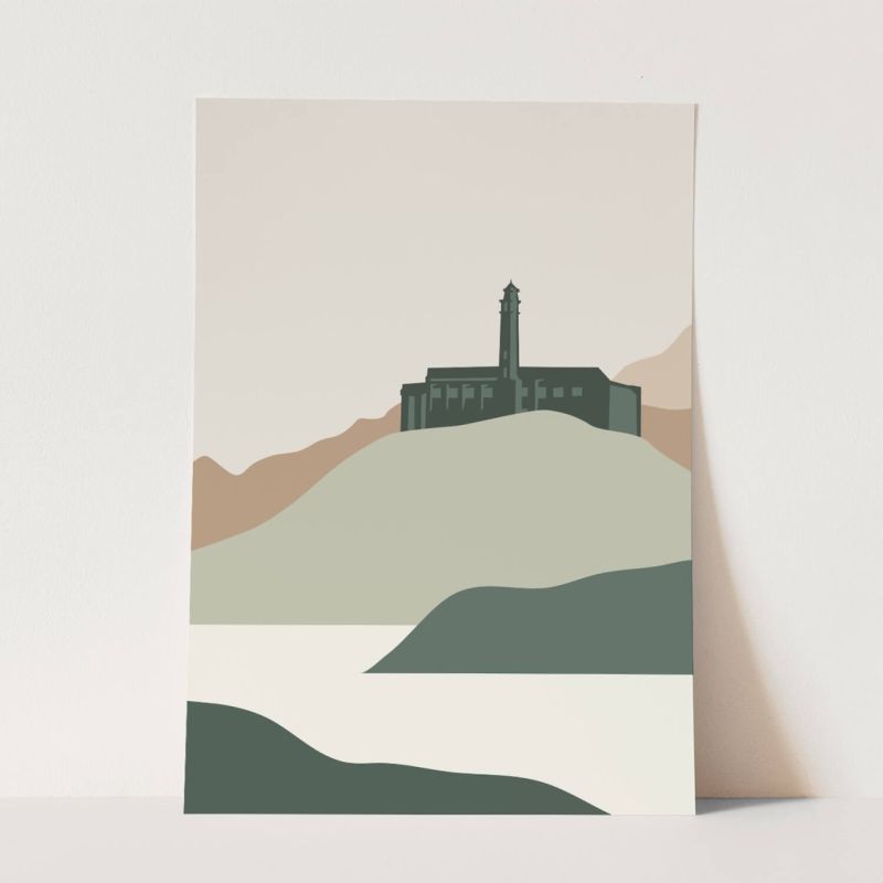 Abstrakte Illustration Berge Meer Küste Gebäude Minimal Dekorativ