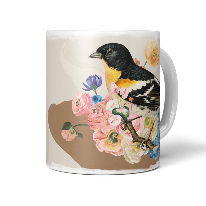 Dekorative Tasse mit schönem Vogel Motiv Finken Sperling Blumenstrauß Farbenfroh Wasserfarben