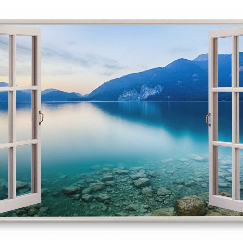 Wandbild 120x80cm Fensterbild See Alpensee Bergsee Blau Berge Natur