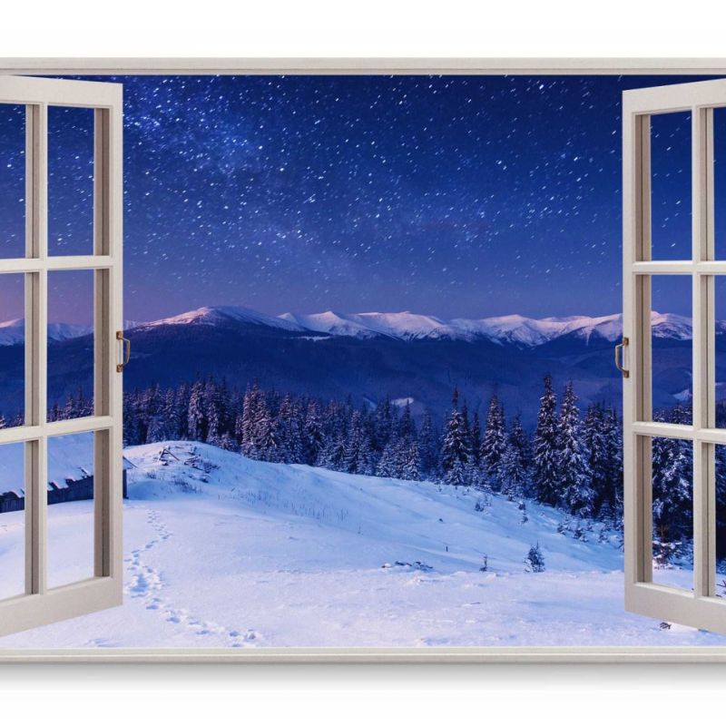 Wandbild 120x80cm Fensterbild Sternenhimmel Winter Schnee Nacht Berge Sterne