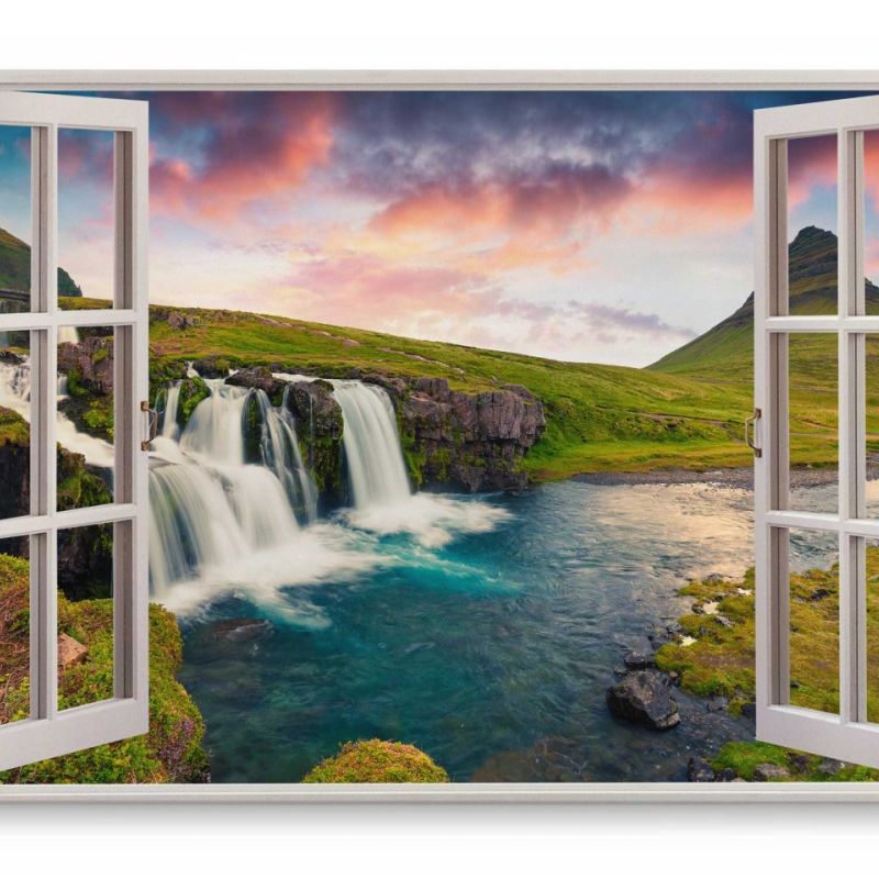 Wandbild 120x80cm Fensterbild Natur Berge Wasserfall Island Grün Fluss