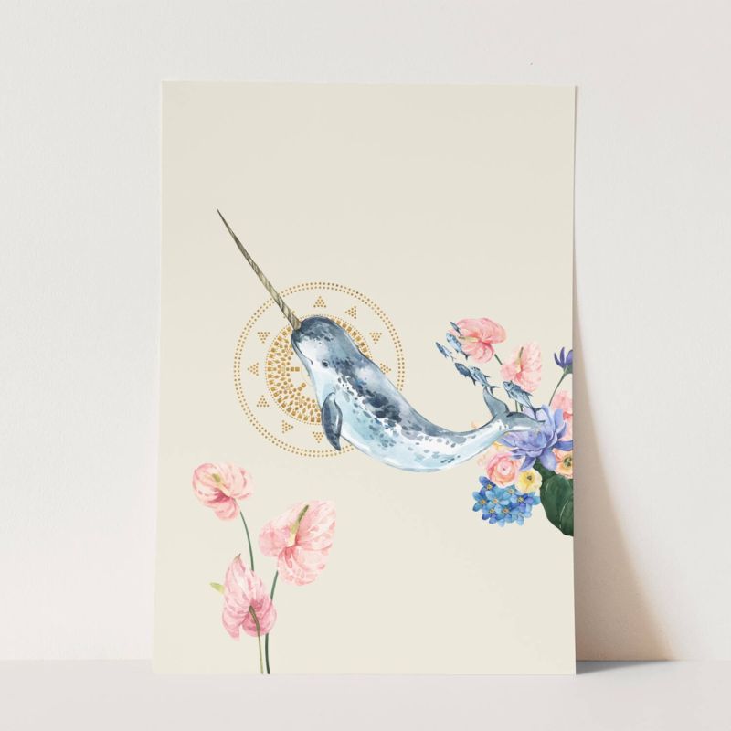 Wandbild Narwal Fische unter Wasser Blumen Blüten Kunstvoll Aquarell