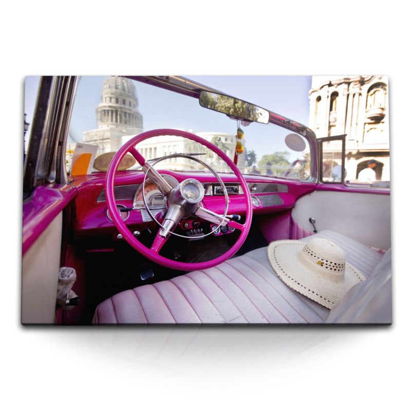 120x80cm Wandbild auf Leinwand Kuba Havanna Oldtimer Auto Rosa Sonnenschein