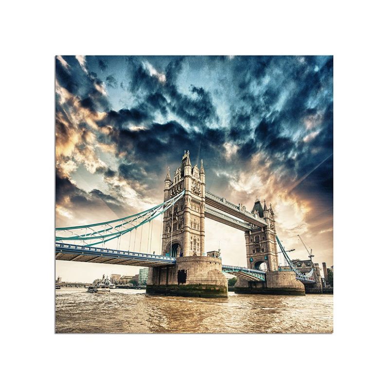 80x80cm London Tower-Bridge Themse Wolkenhimmel