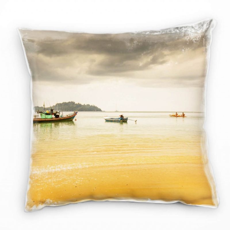 Strand und Meer, Regenwolken, Boot, orange, grau Deko Kissen 40x40cm für Couch Sofa Lounge Zierkisse