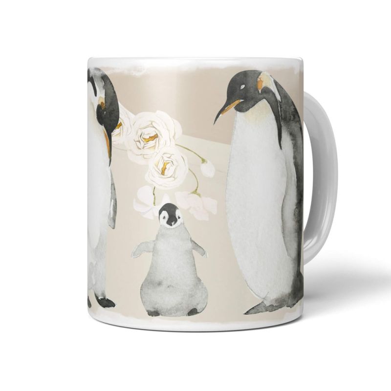 Tasse Porzellan Tier Motiv Pinguin Familie Blumen Pastelltöne Herzig