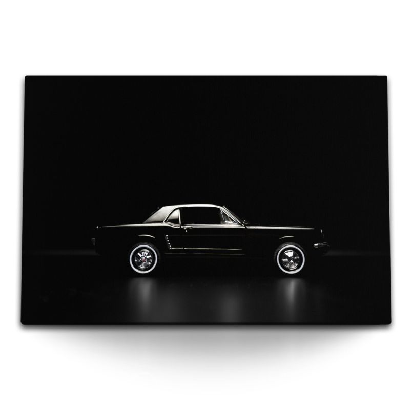 120x80cm Wandbild auf Leinwand Ford Mustang 66 Schwarz Oldtimer Muscle Car