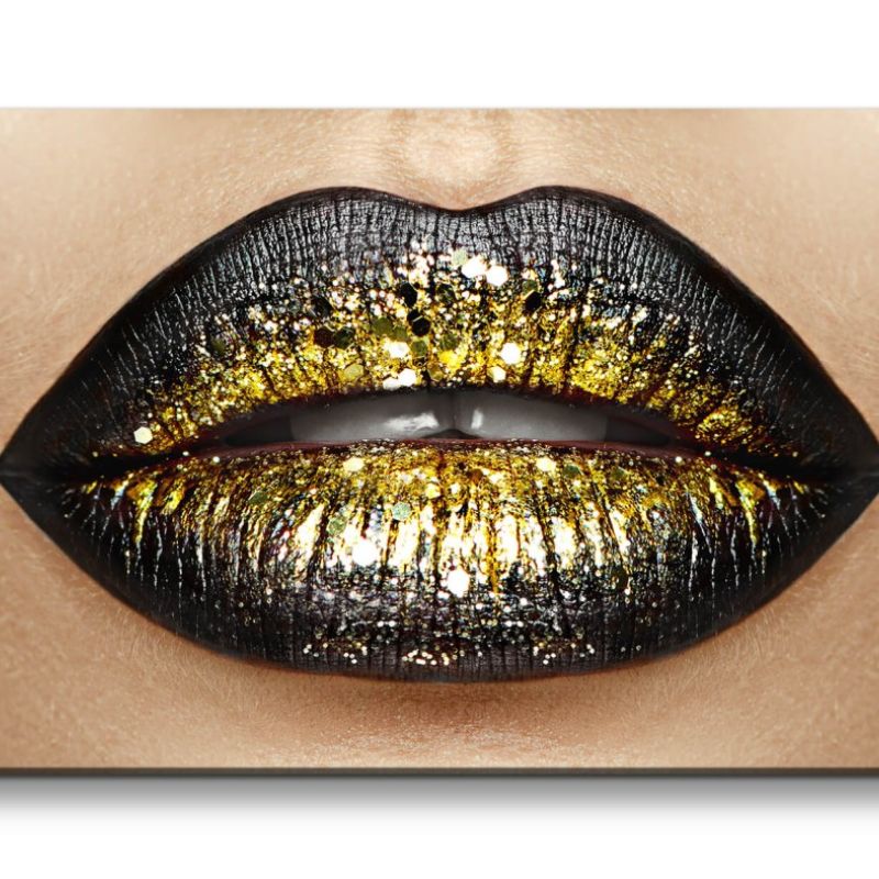 Leinwandbild 120x60cm Volle Frauen Lippen Schminke Gold Lippenstift Sexy