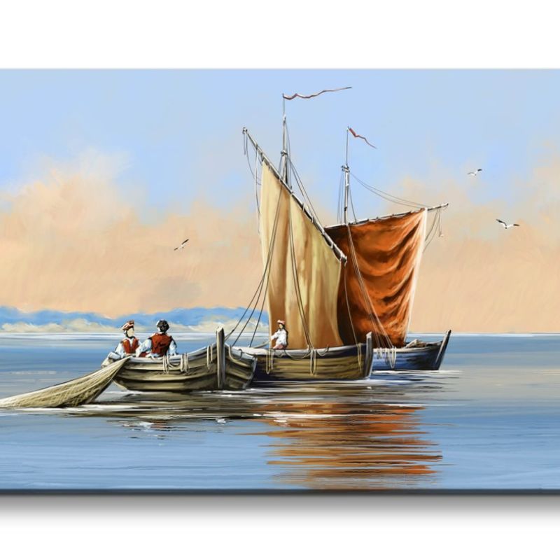 Leinwandbild 120x60cm Boote Meer Malerisch Romantisch Horizont Himmel