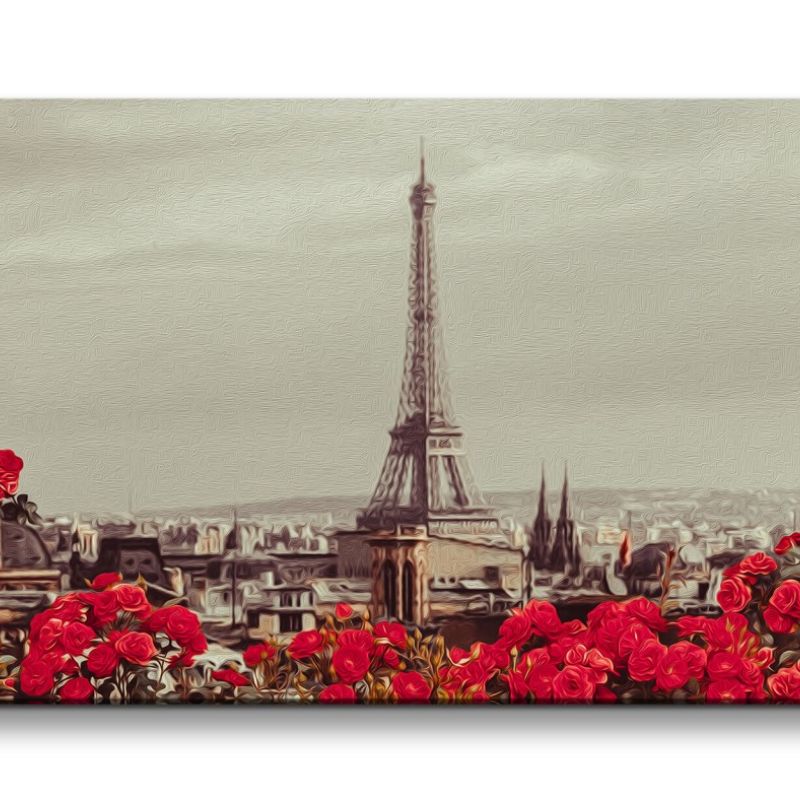 Leinwandbild 120x60cm Paris Eiffelturm Rosen Rosenbüsche Romantisch Liebe