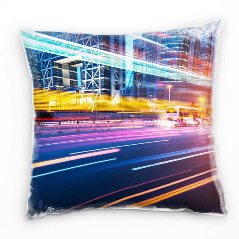 City, befahrene Straße, Lichtlinien, Hochhäuser, bunt Deko Kissen 40x40cm für Couch Sofa Lounge Zier