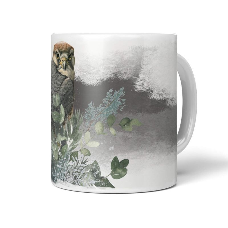 Dekorative Tasse mit schönem Vogel Motiv Falke Vintage schönem Design Kunstvoll Grautöne