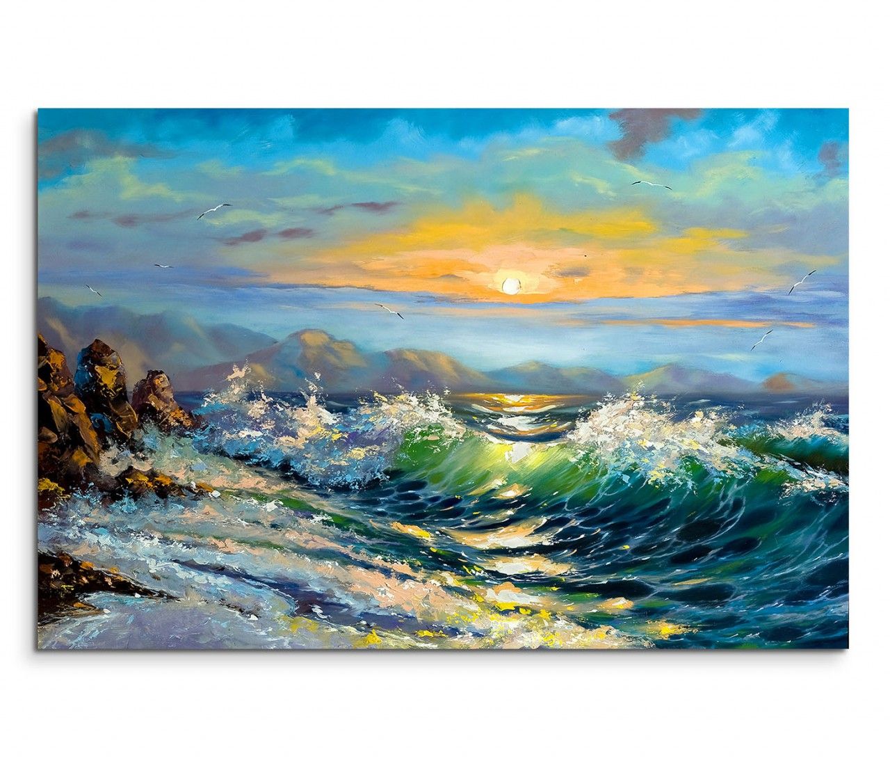 120x80cm Wandbild Meer Wellen Sturm Sonnenaufgang