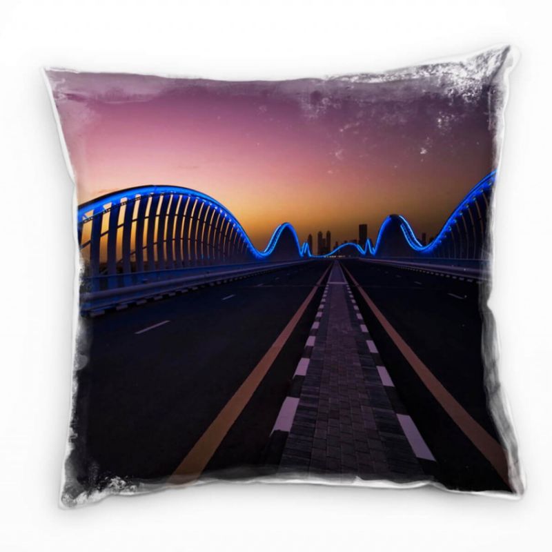 Urban, beleuchtete Brücke, Straße, orange, blau Deko Kissen 40x40cm für Couch Sofa Lounge Zierkissen