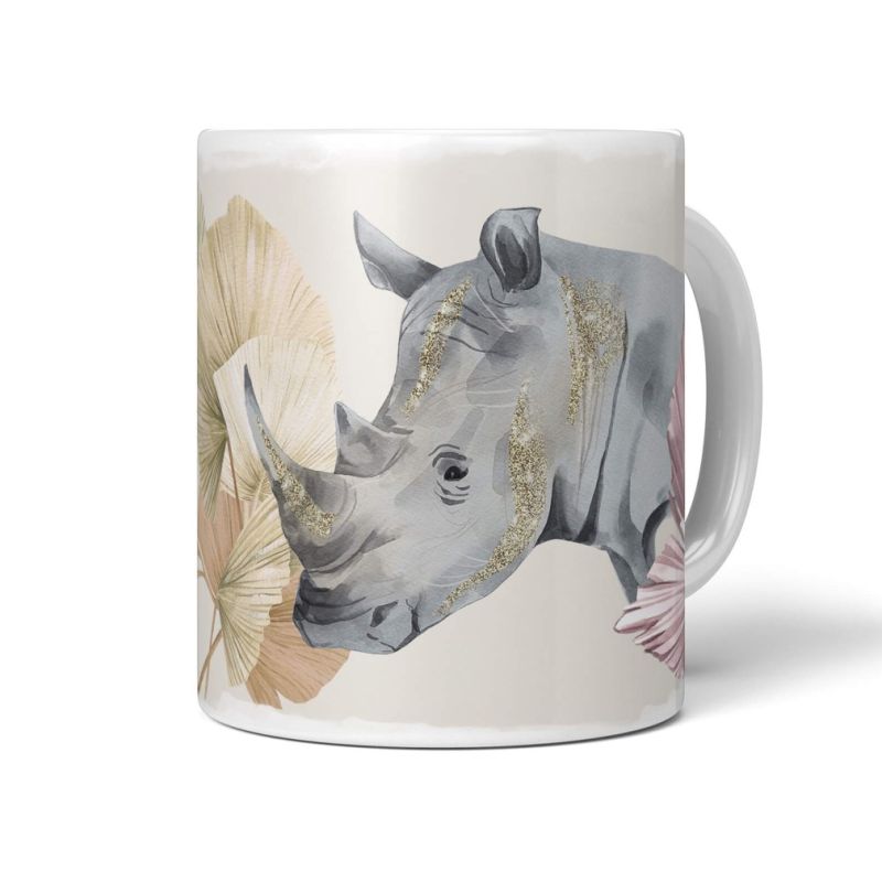 Tasse Porzellan Tier Motiv Nashorn Blumen Blüten Kunstvoll Dekorativ Pastelltöne