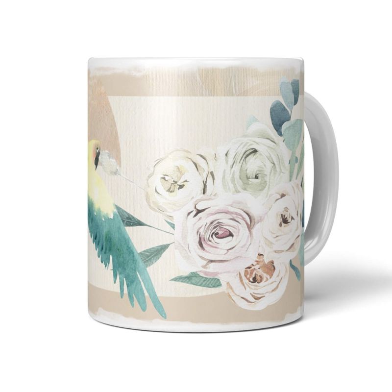 Dekorative Tasse mit schönem Vogel Motiv Papagei Blumen Blüten Blumenstrauß Vintage Pastellton