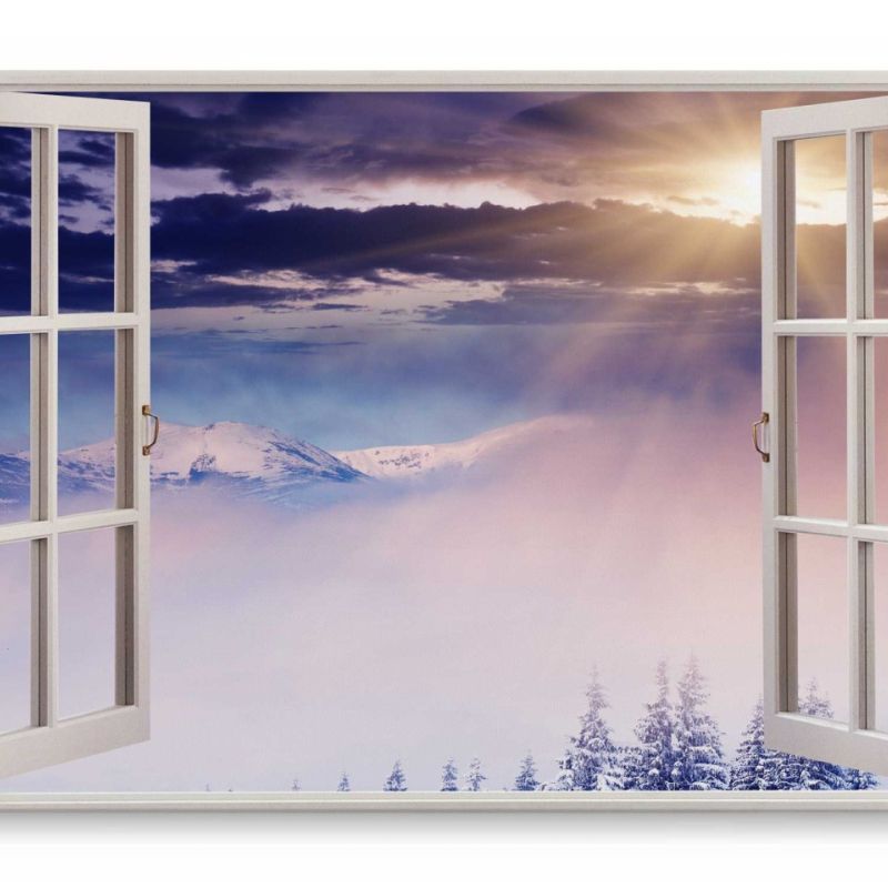 Wandbild 120x80cm Fensterbild Sonnenstrahlen Licht Winterlandschaft Tannenbäume Berge