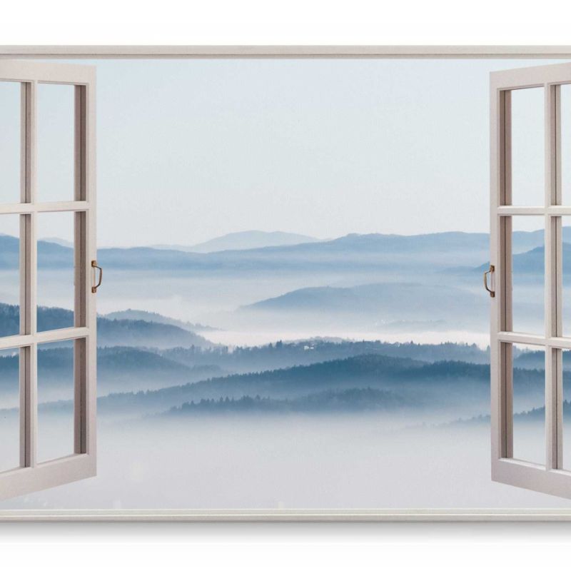 Wandbild 120x80cm Fensterbild Landschaft Nebel Berge Wald Natur